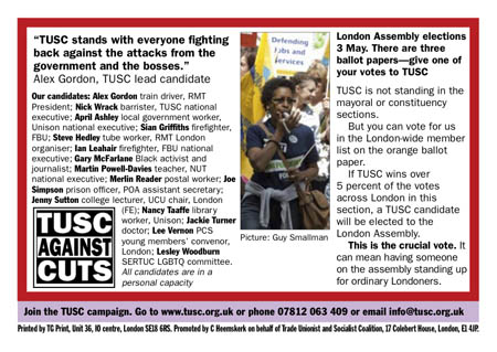 New TUSC postcard for the London Elections 3 May