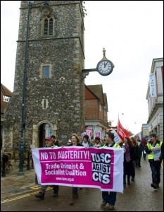 The TUSC banner leads the Canterbury march to save children's centres, 15/02/14, photo by Dave Semple