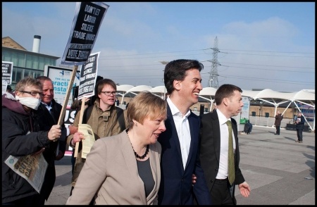 TUSC supporters approach Miliband before Labour Party special conference, photo Paul Mattsson