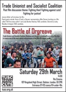 Flyer advertising the Battle of Orgreave film showing in Hackney