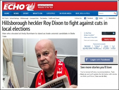 Liverpool Echo 27-4-14 Hillsborough heckler Roy Dixon to fight against cuts in local elections , photo by Liverpool Echo