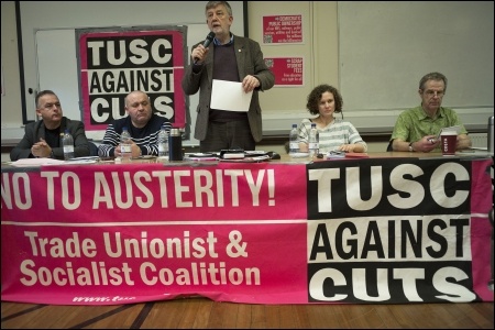 TUSC conference opening platform, from the left: Sean Hoyle and Paul Reilly (RMT), Dave Nellist (Chair), Hannah Sell (Socialist Party) and Charlie Kimber (SWP). Photo Paul Mattsson TUSC conference opening platform, from the left: Sean Hoyle and Paul Reilly (RMT), Dave Nellist (Chair), Hannah Sell (Socialist Party) and Charlie Kimber (SWP). Photo Paul Mattsson